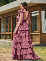 A-line Bow Shoulder Tiered Dress with Slit Mulberry