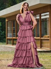 A-line Bow Shoulder Tiered Dress with Slit Mulberry