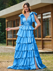 A-line Bow Shoulder Tiered Dress with Slit Ocean Blue