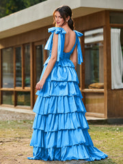 A-line Bow Shoulder Tiered Dress with Slit Ocean Blue