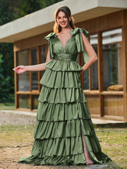 A-line Bow Shoulder Tiered Dress with Slit Olive Green