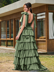 A-line Bow Shoulder Tiered Dress with Slit Olive Green