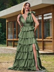 A-line Bow Shoulder Tiered Dress with Slit Olive Green