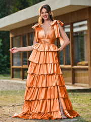 A-line Bow Shoulder Tiered Dress with Slit Orange