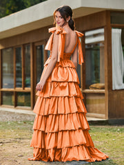 A-line Bow Shoulder Tiered Dress with Slit Orange