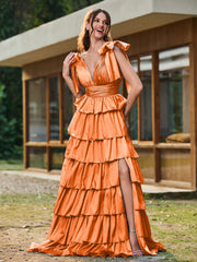 A-line Bow Shoulder Tiered Dress with Slit Orange