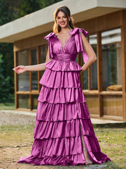 A-line Bow Shoulder Tiered Dress with Slit Orchid
