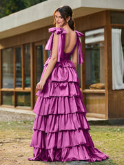 A-line Bow Shoulder Tiered Dress with Slit Orchid