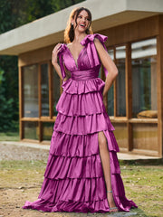 A-line Bow Shoulder Tiered Dress with Slit Orchid
