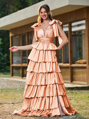 A-line Bow Shoulder Tiered Dress with Slit Papaya