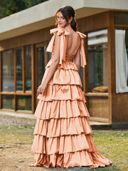 A-line Bow Shoulder Tiered Dress with Slit Papaya