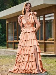 A-line Bow Shoulder Tiered Dress with Slit Papaya