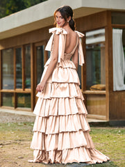 A-line Bow Shoulder Tiered Dress with Slit Peach