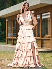 A-line Bow Shoulder Tiered Dress with Slit Peach