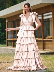 A-line Bow Shoulder Tiered Dress with Slit Pearl Pink