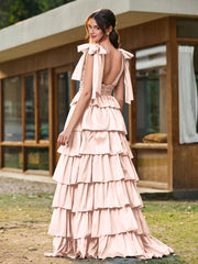 A-line Bow Shoulder Tiered Dress with Slit Pearl Pink