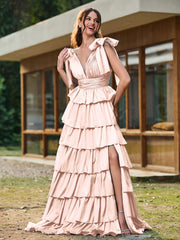 A-line Bow Shoulder Tiered Dress with Slit Pearl Pink