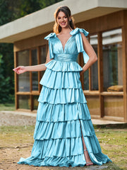 A-line Bow Shoulder Tiered Dress with Slit Pool