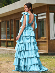 A-line Bow Shoulder Tiered Dress with Slit Pool