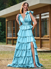 A-line Bow Shoulder Tiered Dress with Slit Pool