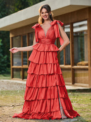 A-line Bow Shoulder Tiered Dress with Slit Red