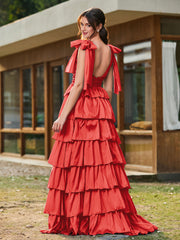 A-line Bow Shoulder Tiered Dress with Slit Red