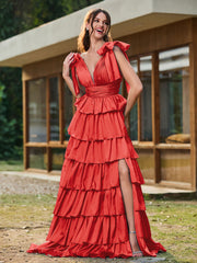 A-line Bow Shoulder Tiered Dress with Slit Red