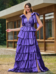 A-line Bow Shoulder Tiered Dress with Slit Regency