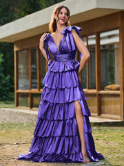 A-line Bow Shoulder Tiered Dress with Slit Regency