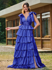 A-line Bow Shoulder Tiered Dress with Slit Royal Blue
