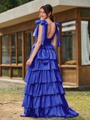 A-line Bow Shoulder Tiered Dress with Slit Royal Blue