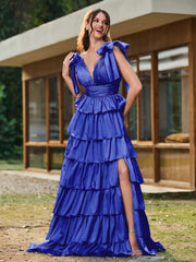 A-line Bow Shoulder Tiered Dress with Slit Royal Blue