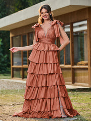 A-line Bow Shoulder Tiered Dress with Slit Rust