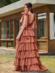 A-line Bow Shoulder Tiered Dress with Slit Rust