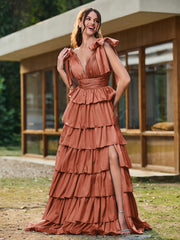 A-line Bow Shoulder Tiered Dress with Slit Rust