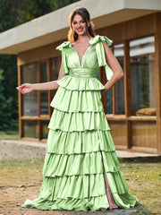 A-line Bow Shoulder Tiered Dress with Slit Sage