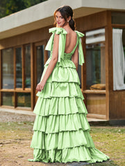 A-line Bow Shoulder Tiered Dress with Slit Sage