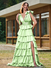 A-line Bow Shoulder Tiered Dress with Slit Sage
