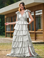 A-line Bow Shoulder Tiered Dress with Slit Silver