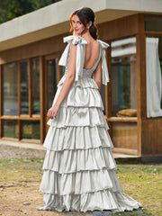 A-line Bow Shoulder Tiered Dress with Slit Silver