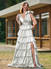 A-line Bow Shoulder Tiered Dress with Slit Silver