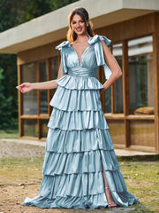 A-line Bow Shoulder Tiered Dress with Slit Slate Blue