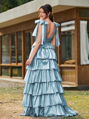 A-line Bow Shoulder Tiered Dress with Slit Slate Blue