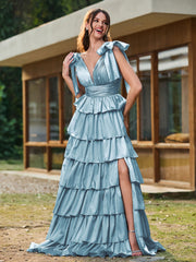 A-line Bow Shoulder Tiered Dress with Slit Slate Blue