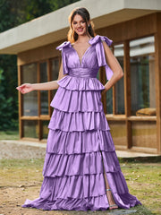 A-line Bow Shoulder Tiered Dress with Slit Tahiti