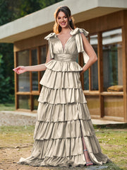 A-line Bow Shoulder Tiered Dress with Slit Taupe