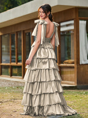 A-line Bow Shoulder Tiered Dress with Slit Taupe