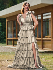 A-line Bow Shoulder Tiered Dress with Slit Taupe
