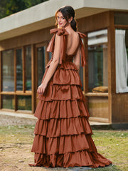 A-line Bow Shoulder Tiered Dress with Slit Terracotta
