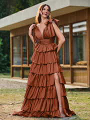 A-line Bow Shoulder Tiered Dress with Slit Terracotta